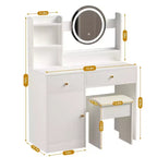 Coiffeuse élégante Okak avec chaise rembourrée, coiffeuse avec miroir rond et grand espace de rangement, bureau de maquillage pour salon, chambre à coucher, blanc