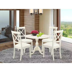 HomeStock 5-Piece Linen White Finish Solid Wood Top Dining table with 4-Chairs with Drop Leaf Lattice Back