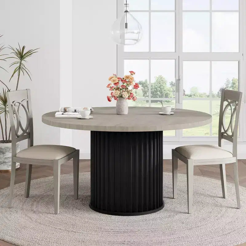 47 Round Dining Table, Seats 46  Farmhouse Style with Sturdy Wavy Metal Pedestal Base for Kitchen or Dining RoomSeats