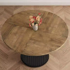 47 Round Dining Table, Seats 46  Farmhouse Style with Sturdy Wavy Metal Pedestal Base for Kitchen or Dining RoomSeats