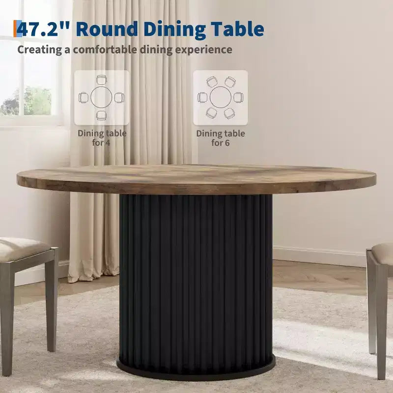 47 Round Dining Table, Seats 46  Farmhouse Style with Sturdy Wavy Metal Pedestal Base for Kitchen or Dining RoomSeats