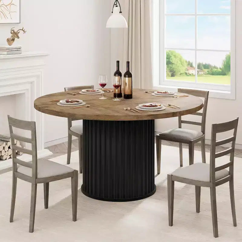 47 Round Dining Table, Seats 46  Farmhouse Style with Sturdy Wavy Metal Pedestal Base for Kitchen or Dining RoomSeats