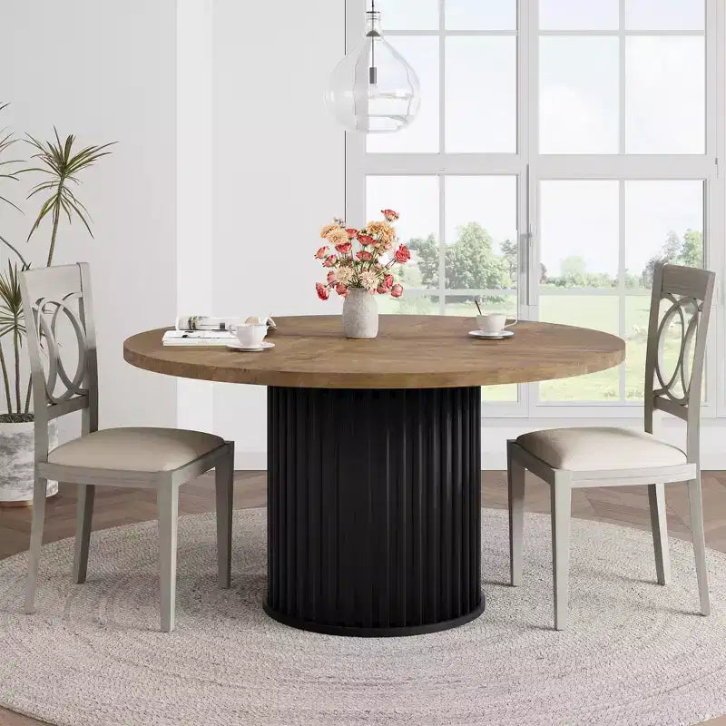 47 Round Dining Table, Seats 46  Farmhouse Style with Sturdy Wavy Metal Pedestal Base for Kitchen or Dining RoomSeats