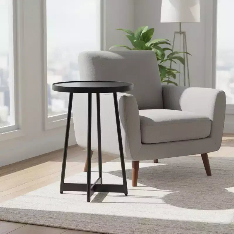 Homy Casa Round Metal & Wood Accent Table for Living Room, Modern Black
