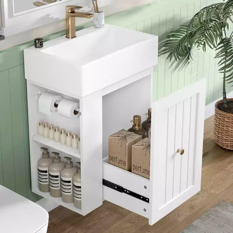 MAYEERTY 20 Meuble de Salle de Bain Lavabo en Céramique Tiroir de Rangement en MDF Étagère Latérale Poignée Dorée Petite Salle de Bain