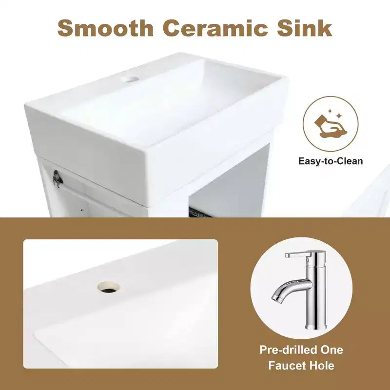 MAYEERTY 20 Meuble de Salle de Bain Lavabo en Céramique Tiroir de Rangement en MDF Étagère Latérale Poignée Dorée Petite Salle de Bain