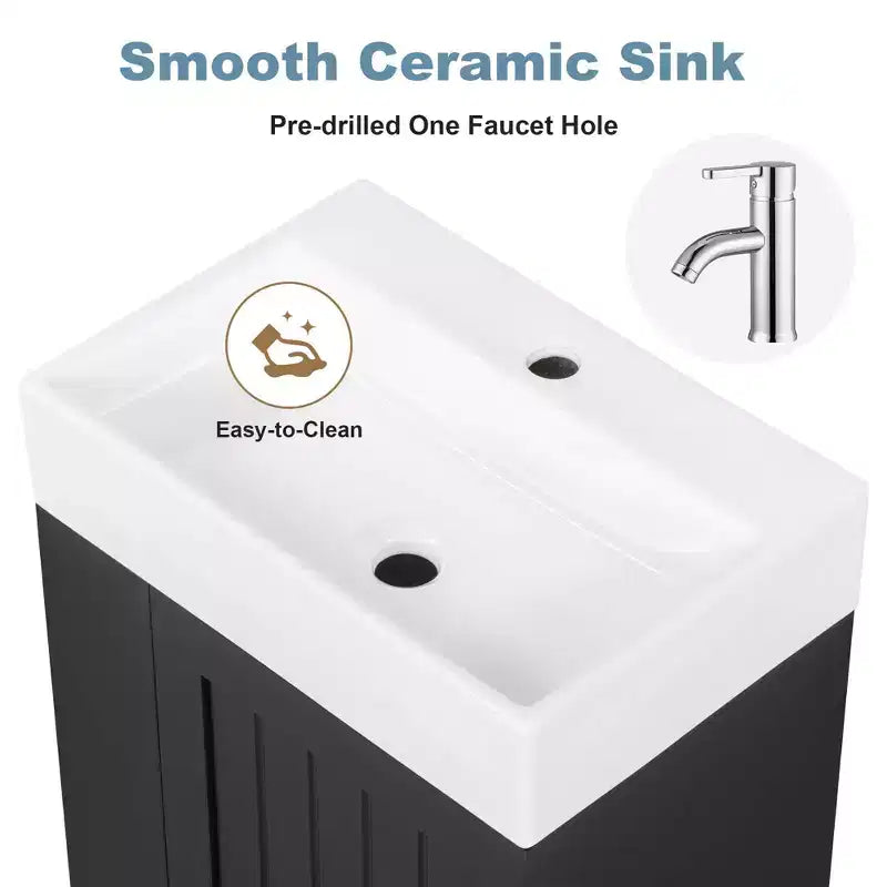 MAYEERTY 20 Meuble de Salle de Bain Lavabo en Céramique Tiroir de Rangement en MDF Étagère Latérale Poignée Dorée Petite Salle de Bain