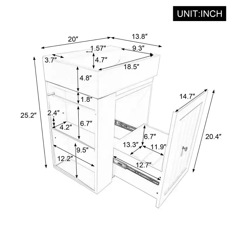 MAYEERTY 20 Meuble de Salle de Bain Lavabo en Céramique Tiroir de Rangement en MDF Étagère Latérale Poignée Dorée Petite Salle de Bain