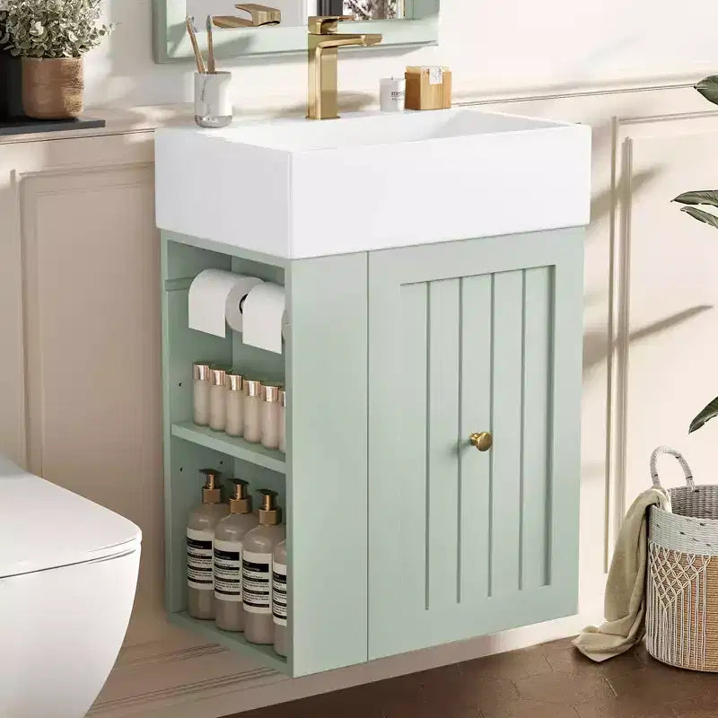 MAYEERTY 20 Meuble de Salle de Bain Lavabo en Céramique Tiroir de Rangement en MDF Étagère Latérale Poignée Dorée Petite Salle de Bain