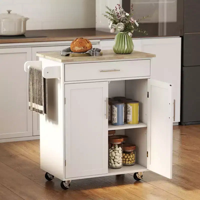 Kitchen Island Cart Rolling Trolley Cart with Drawer, Storage Cabinet & Towel Rack