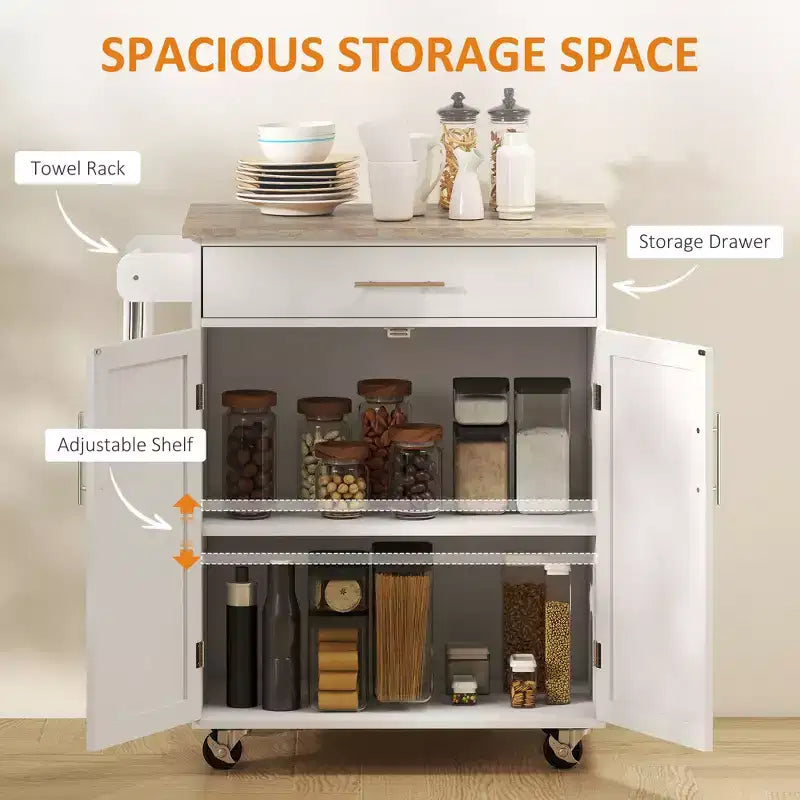 Kitchen Island Cart Rolling Trolley Cart with Drawer, Storage Cabinet & Towel Rack