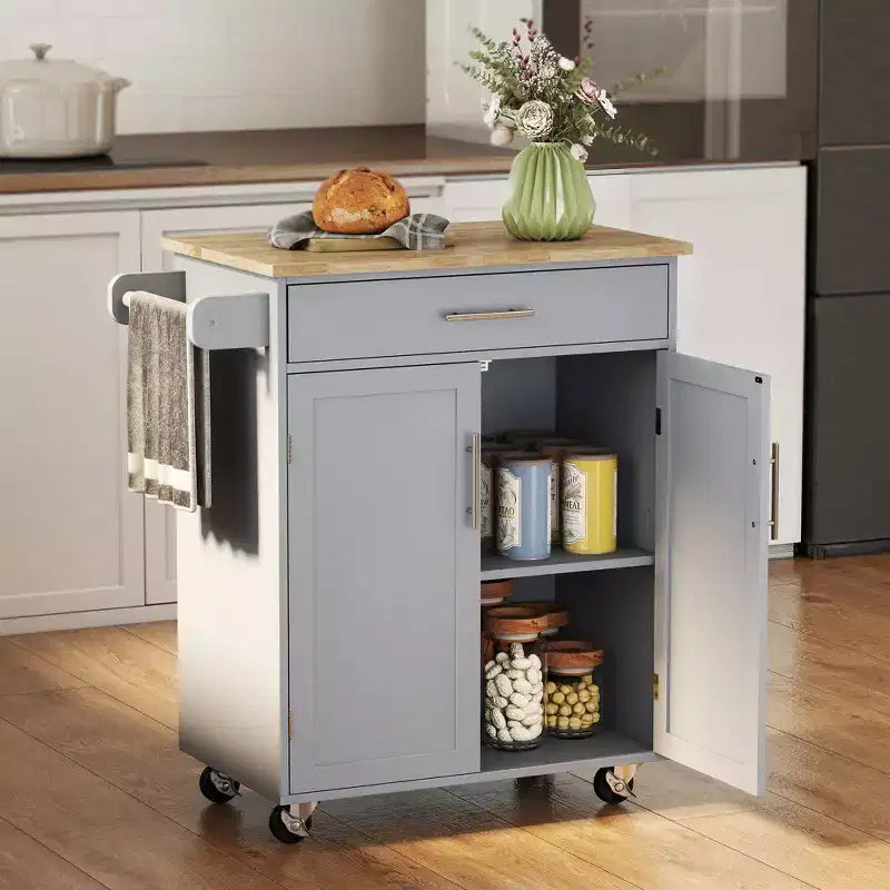 Kitchen Island Cart Rolling Trolley Cart with Drawer, Storage Cabinet & Towel Rack