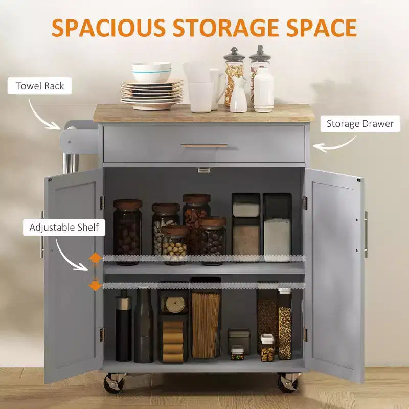 Kitchen Island Cart Rolling Trolley Cart with Drawer, Storage Cabinet & Towel Rack