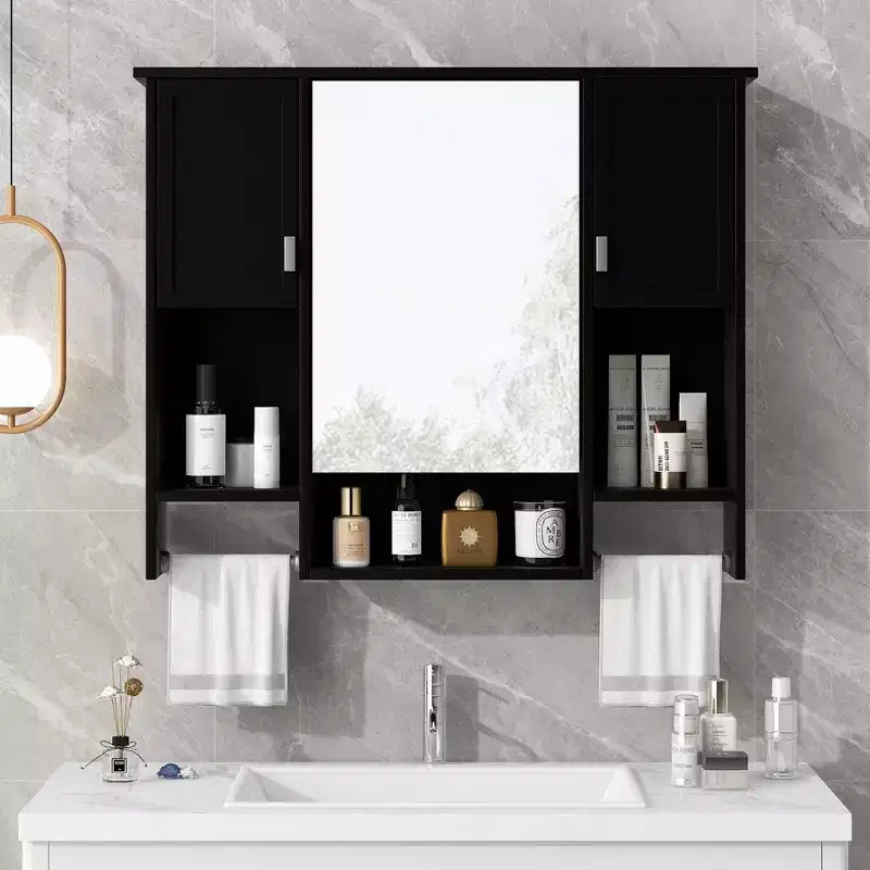 MAYEERTY Armoire de toilette murale 72,9 cm avec rangement dissimulé, 6 étagères ouvertes, armoire à pharmacie noire