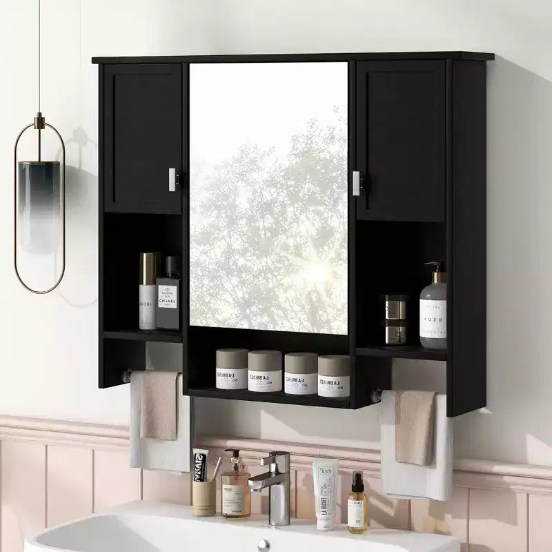 MAYEERTY Armoire de toilette murale 72,9 cm avec rangement dissimulé, 6 étagères ouvertes, armoire à pharmacie noire