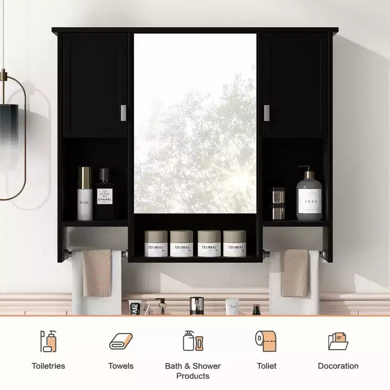 MAYEERTY Armoire de toilette murale 72,9 cm avec rangement dissimulé, 6 étagères ouvertes, armoire à pharmacie noire
