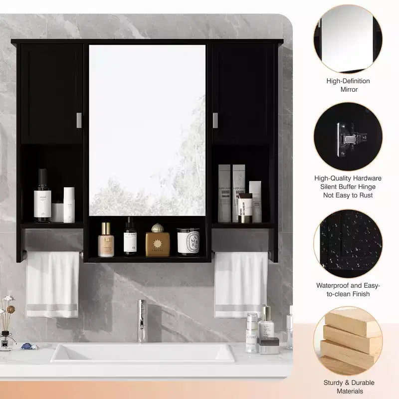 MAYEERTY Armoire de toilette murale 72,9 cm avec rangement dissimulé, 6 étagères ouvertes, armoire à pharmacie noire