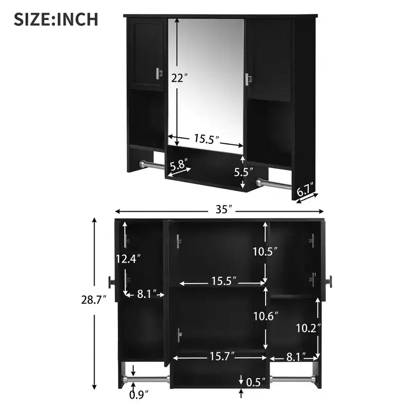 MAYEERTY Armoire de toilette murale 72,9 cm avec rangement dissimulé, 6 étagères ouvertes, armoire à pharmacie noire