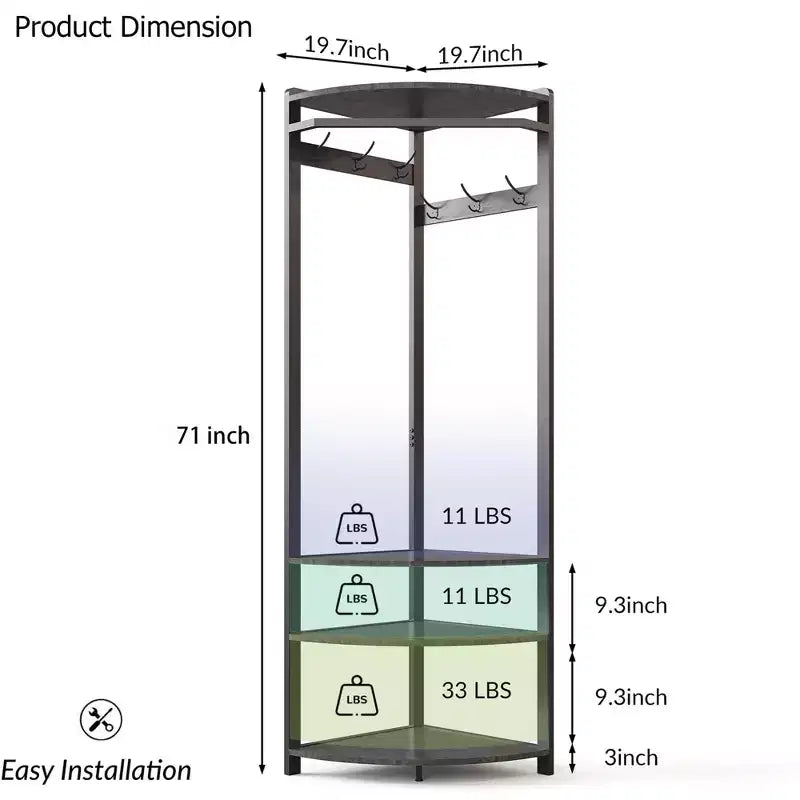 Coat Rack with 3 Storage Shelves, 6 Double Hooks & Spacious Storage Shelf, Corner Hall Tree and Clothes Rack Stone