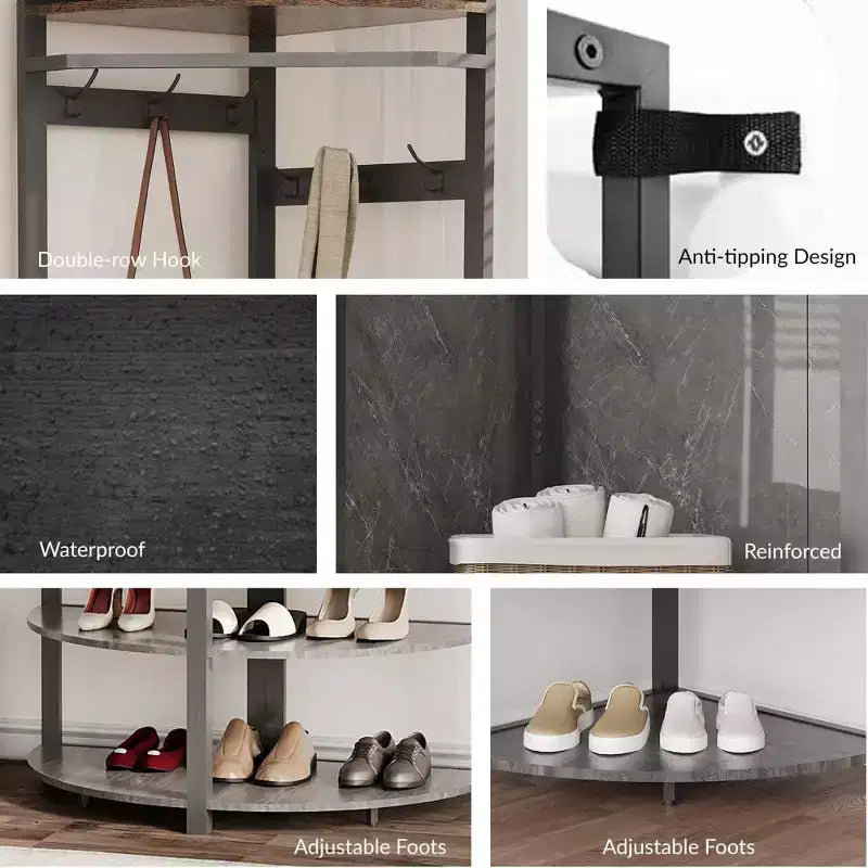 Coat Rack with 3 Storage Shelves, 6 Double Hooks & Spacious Storage Shelf, Corner Hall Tree and Clothes Rack Stone