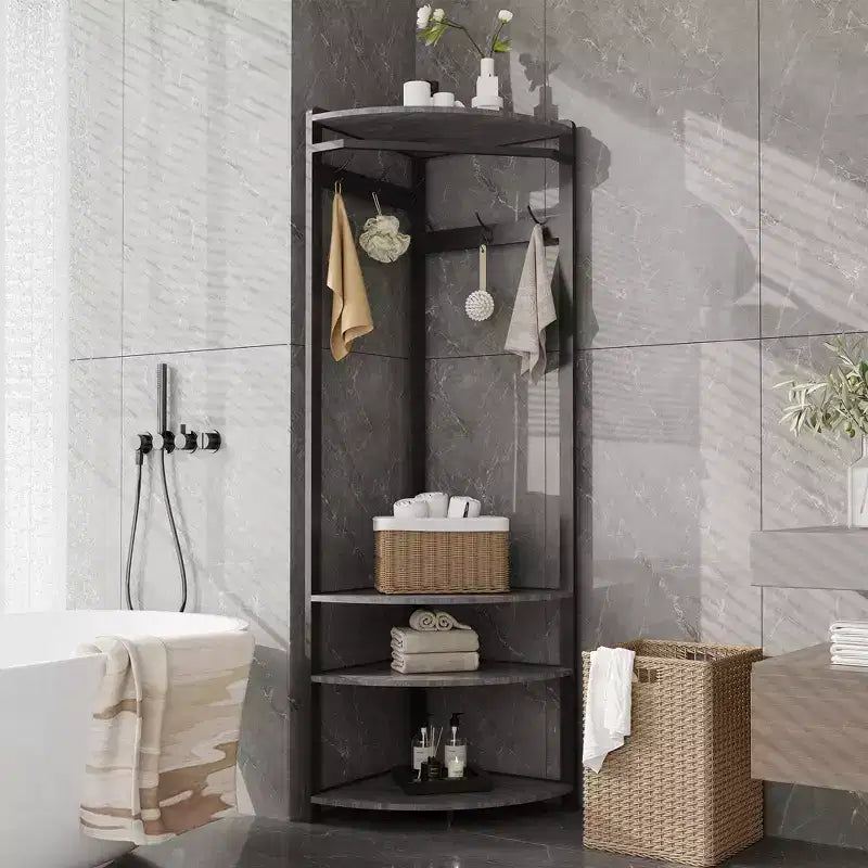 Coat Rack with 3 Storage Shelves, 6 Double Hooks & Spacious Storage Shelf, Corner Hall Tree and Clothes Rack Stone