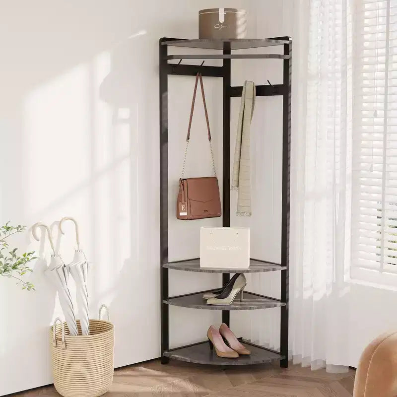 Coat Rack with 3 Storage Shelves, 6 Double Hooks & Spacious Storage Shelf, Corner Hall Tree and Clothes Rack Stone