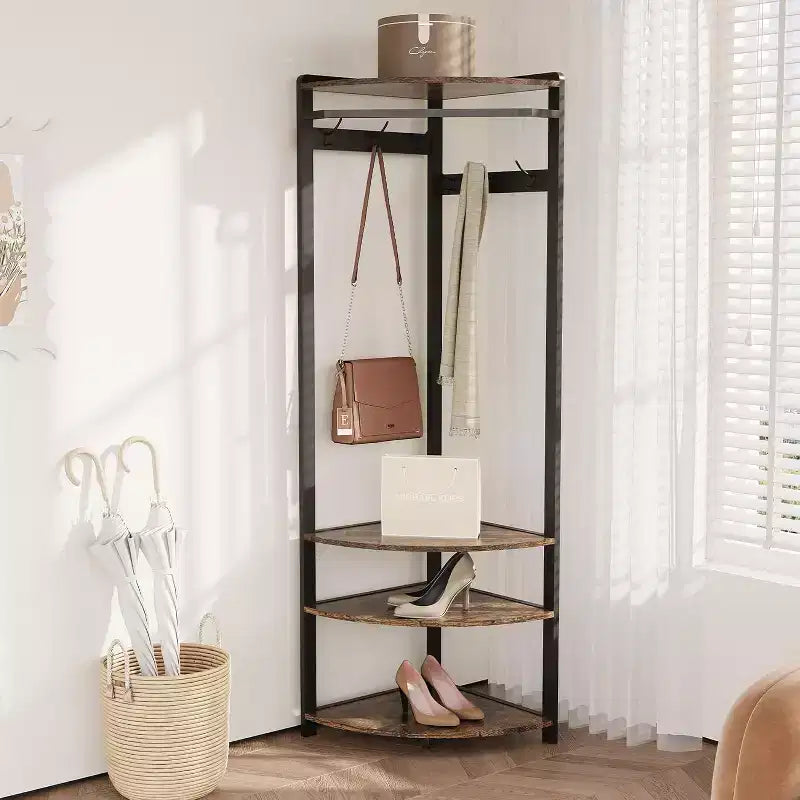Coat Rack with 3 Storage Shelves, 6 Double Hooks & Spacious Storage Shelf, Corner Hall Tree and Clothes Rack Stone