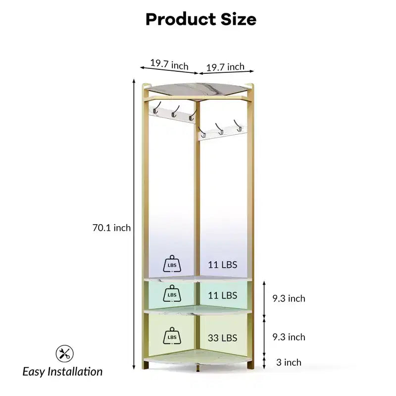 Coat Rack with 3 Storage Shelves, 6 Double Hooks & Spacious Storage Shelf, Corner Hall Tree and Clothes Rack Stone