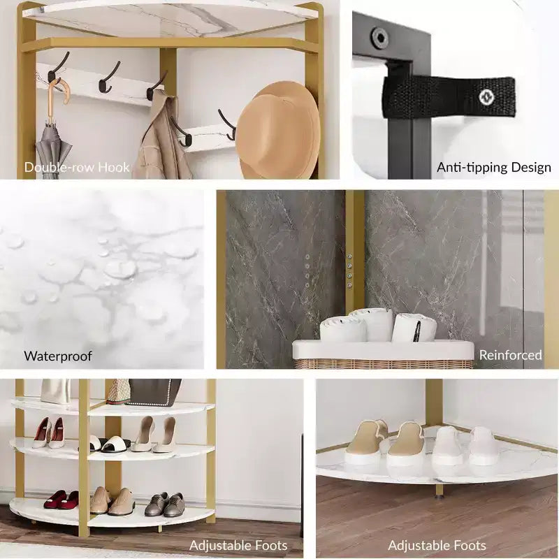 Coat Rack with 3 Storage Shelves, 6 Double Hooks & Spacious Storage Shelf, Corner Hall Tree and Clothes Rack Stone
