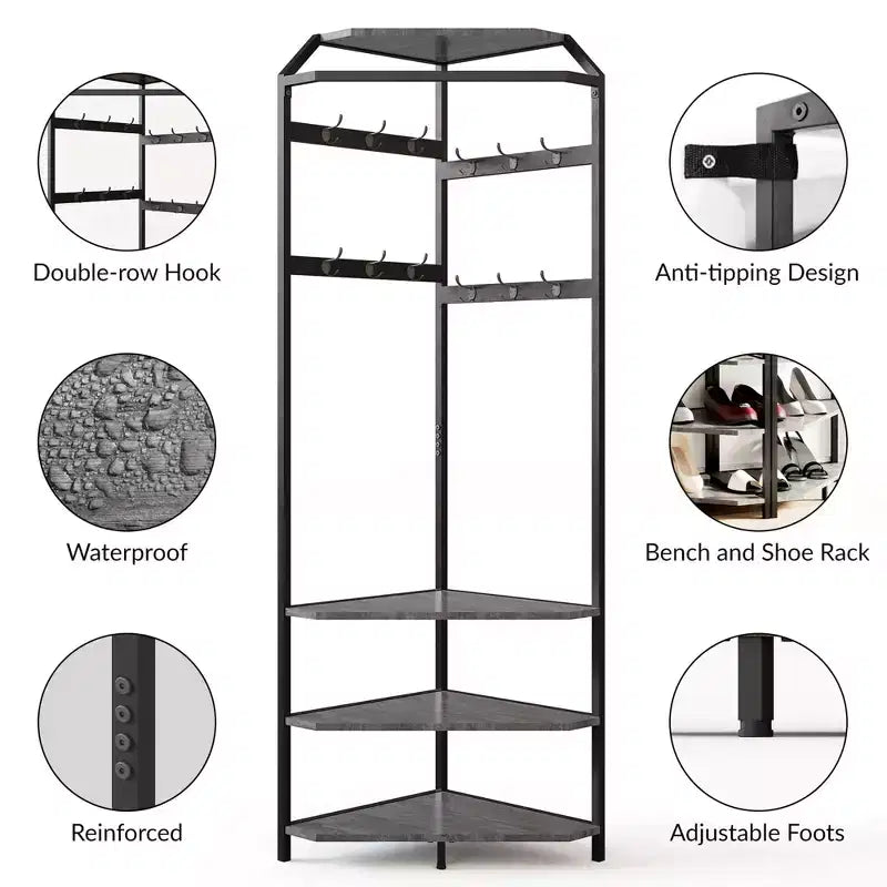 Coat Rack with 3 Storage Shelves, 6 Double Hooks & Spacious Storage Shelf, Corner Hall Tree and Clothes Rack Stone
