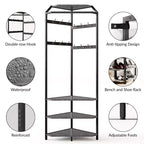 Coat Rack with 3 Storage Shelves, 6 Double Hooks & Spacious Storage Shelf, Corner Hall Tree and Clothes Rack Stone