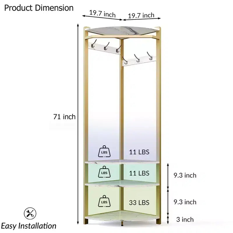 Coat Rack with 3 Storage Shelves, 6 Double Hooks & Spacious Storage Shelf, Corner Hall Tree and Clothes Rack Stone