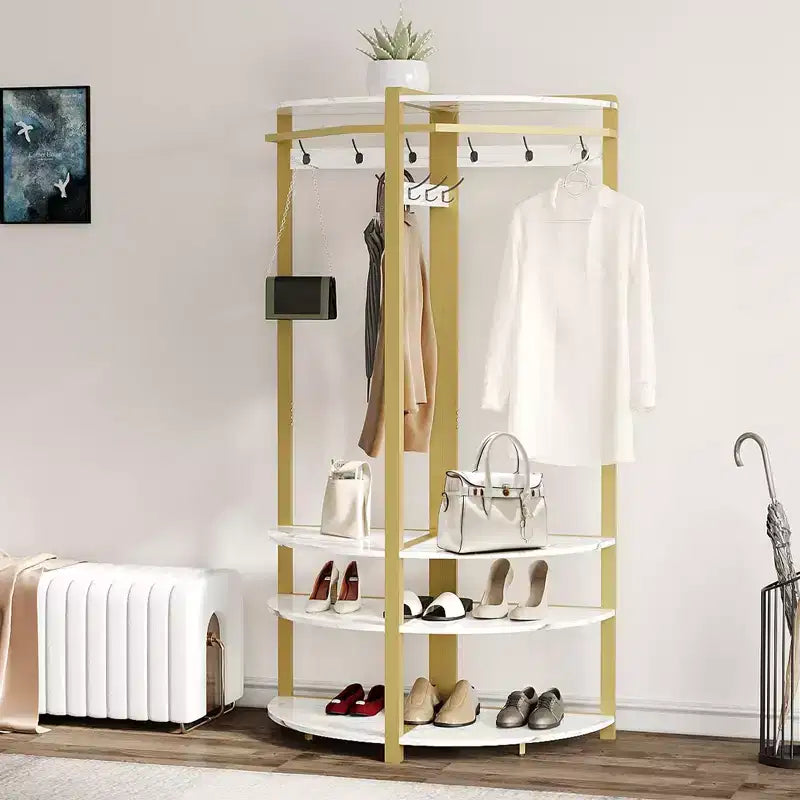 Coat Rack with 3 Storage Shelves, 6 Double Hooks & Spacious Storage Shelf, Corner Hall Tree and Clothes Rack Stone