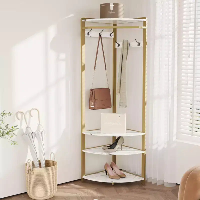Coat Rack with 3 Storage Shelves, 6 Double Hooks & Spacious Storage Shelf, Corner Hall Tree and Clothes Rack Stone