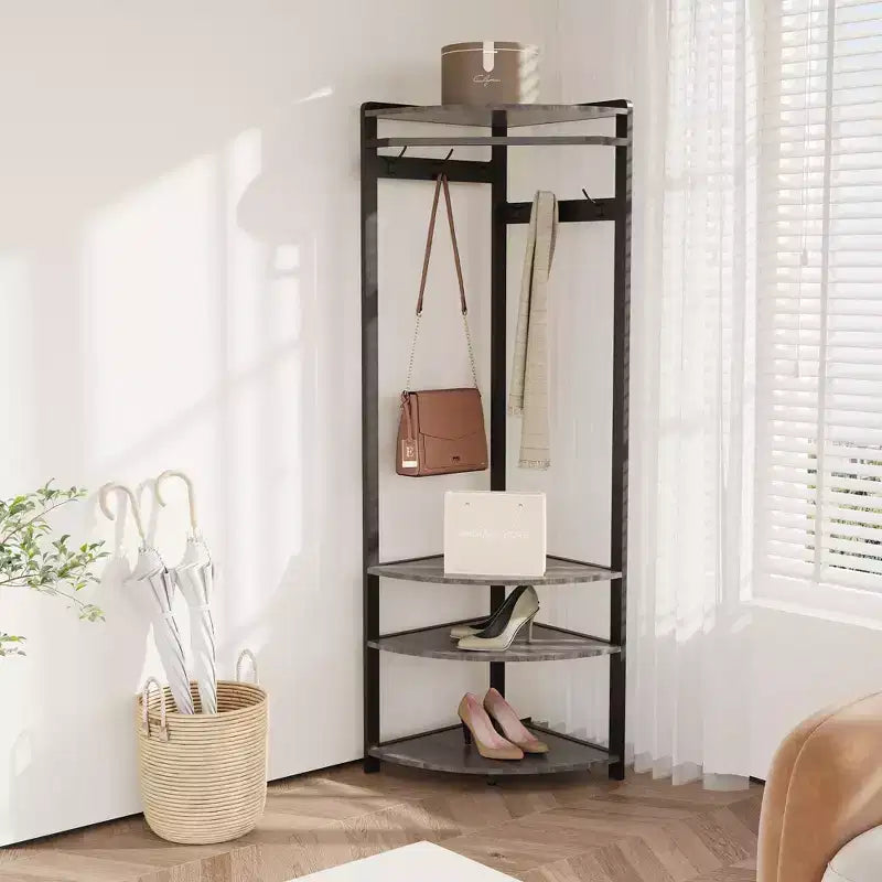 Coat Rack with 3 Storage Shelves, 6 Double Hooks & Spacious Storage Shelf, Corner Hall Tree and Clothes Rack Stone