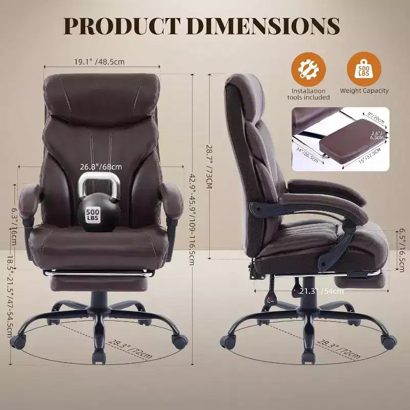 Ergonomic Office Chair for Home Office, High Back Executive Desk Chair, Retractable Footrest & Wide Seat  Heavy-Duty Swivel Computer Chair