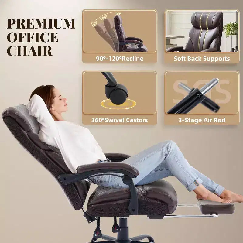 Ergonomic Office Chair for Home Office, High Back Executive Desk Chair, Retractable Footrest & Wide Seat  Heavy-Duty Swivel Computer Chair