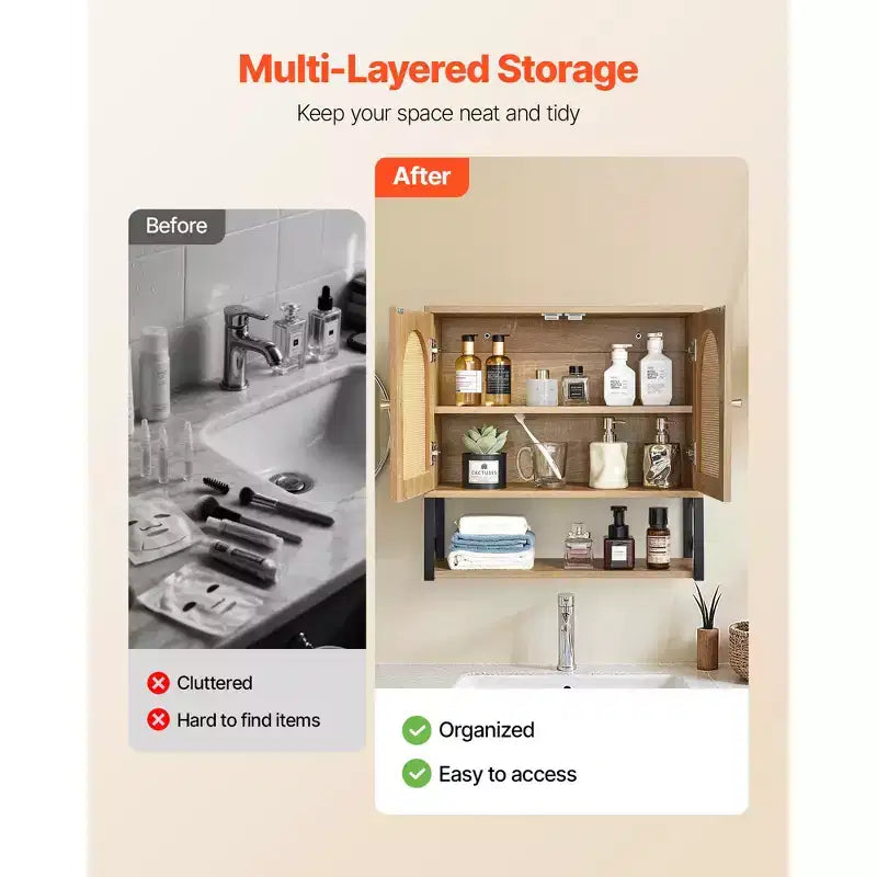 VEVOR Bathroom Wall Cabinet, with 2 Doors and Adjustable Shelf,Over the Toilet Storage Medicine Cabinet Wall Mounted,with Shelves&Open Partition,Brown