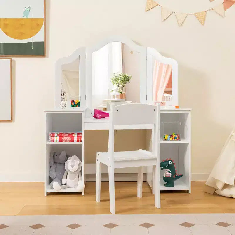 Coiffeuse Costway 2 en 1 pour enfants, ensemble bureau et chaise de princesse, miroir triptyque sécurisé