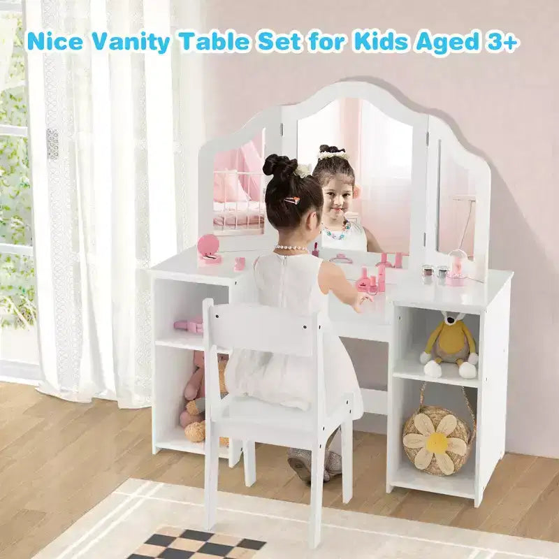 Coiffeuse Costway 2 en 1 pour enfants, ensemble bureau et chaise de princesse, miroir triptyque sécurisé
