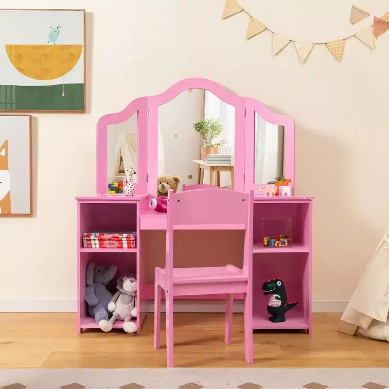 Coiffeuse Costway 2 en 1 pour enfants, ensemble bureau et chaise de princesse, miroir triptyque sécurisé