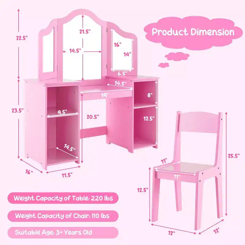 Coiffeuse Costway 2 en 1 pour enfants, ensemble bureau et chaise de princesse, miroir triptyque sécurisé