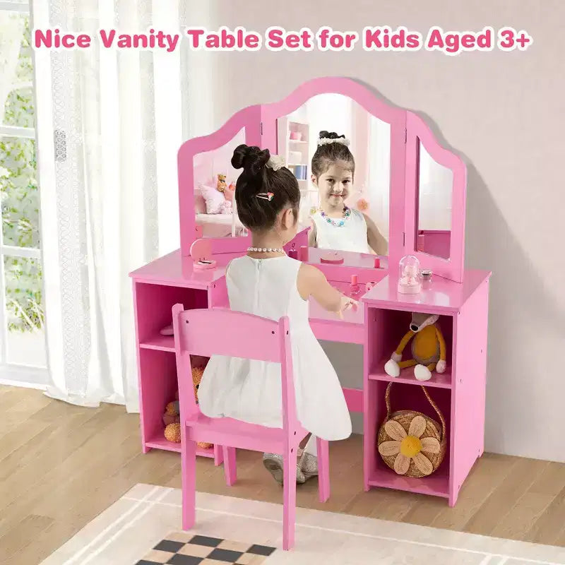 Coiffeuse Costway 2 en 1 pour enfants, ensemble bureau et chaise de princesse, miroir triptyque sécurisé