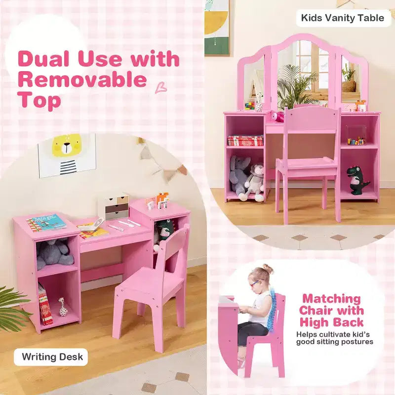 Coiffeuse Costway 2 en 1 pour enfants, ensemble bureau et chaise de princesse, miroir triptyque sécurisé