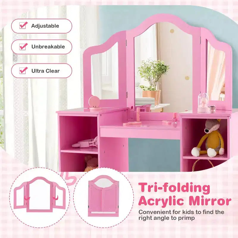 Coiffeuse Costway 2 en 1 pour enfants, ensemble bureau et chaise de princesse, miroir triptyque sécurisé