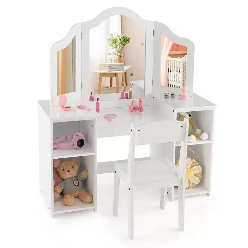 Coiffeuse Costway 2 en 1 pour enfants, ensemble bureau et chaise de princesse, miroir triptyque sécurisé