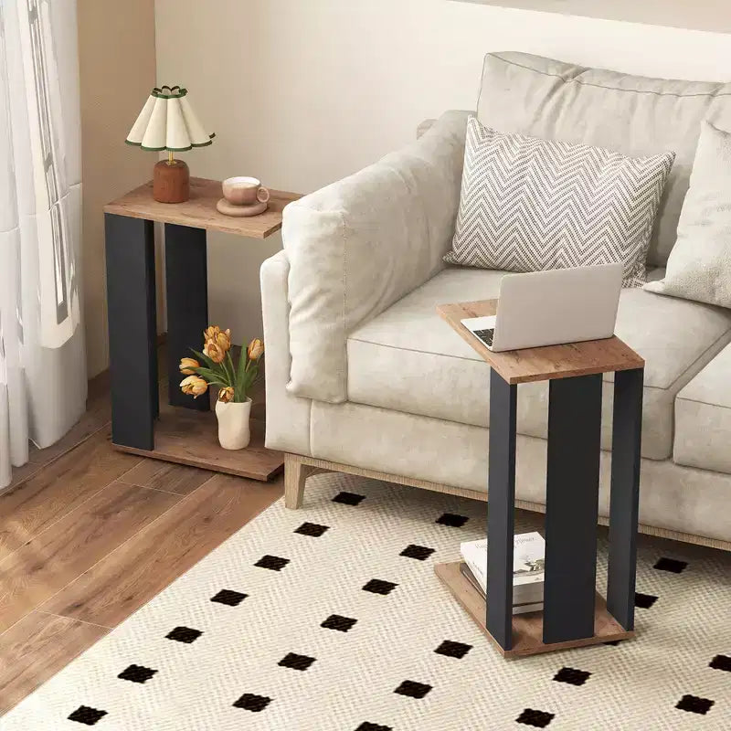 Costway Lot de 2 tables d'appoint en C à 2 niveaux avec roulettes universelles et étagère pour petits espaces