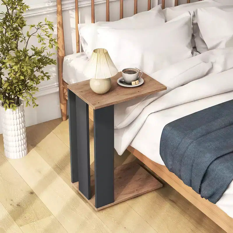 Costway Lot de 2 tables d'appoint en C à 2 niveaux avec roulettes universelles et étagère pour petits espaces