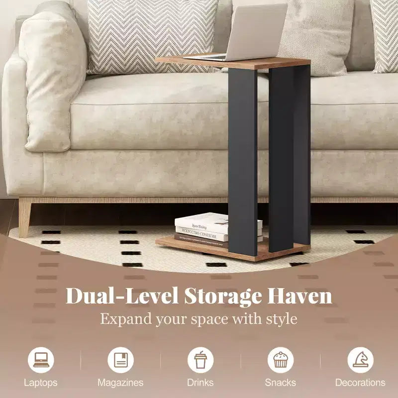 Costway Lot de 2 tables d'appoint en C à 2 niveaux avec roulettes universelles et étagère pour petits espaces