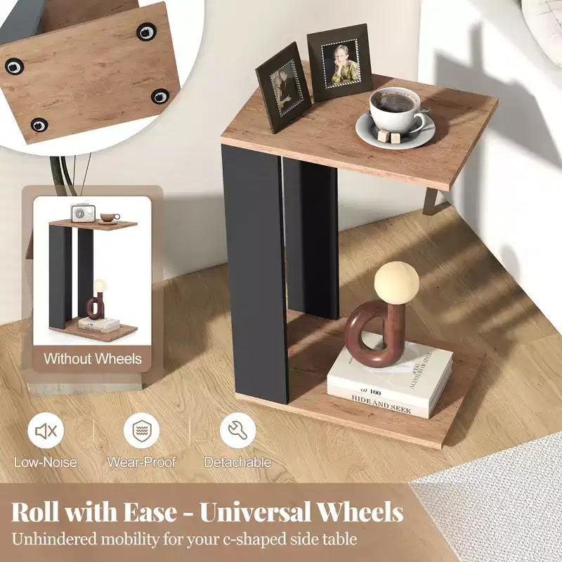 Costway Lot de 2 tables d'appoint en C à 2 niveaux avec roulettes universelles et étagère pour petits espaces